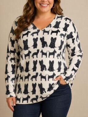 Tricotto Dog Sweater White Black Size XXL Women's 2XL V-Neck Long Sleeve Terrier